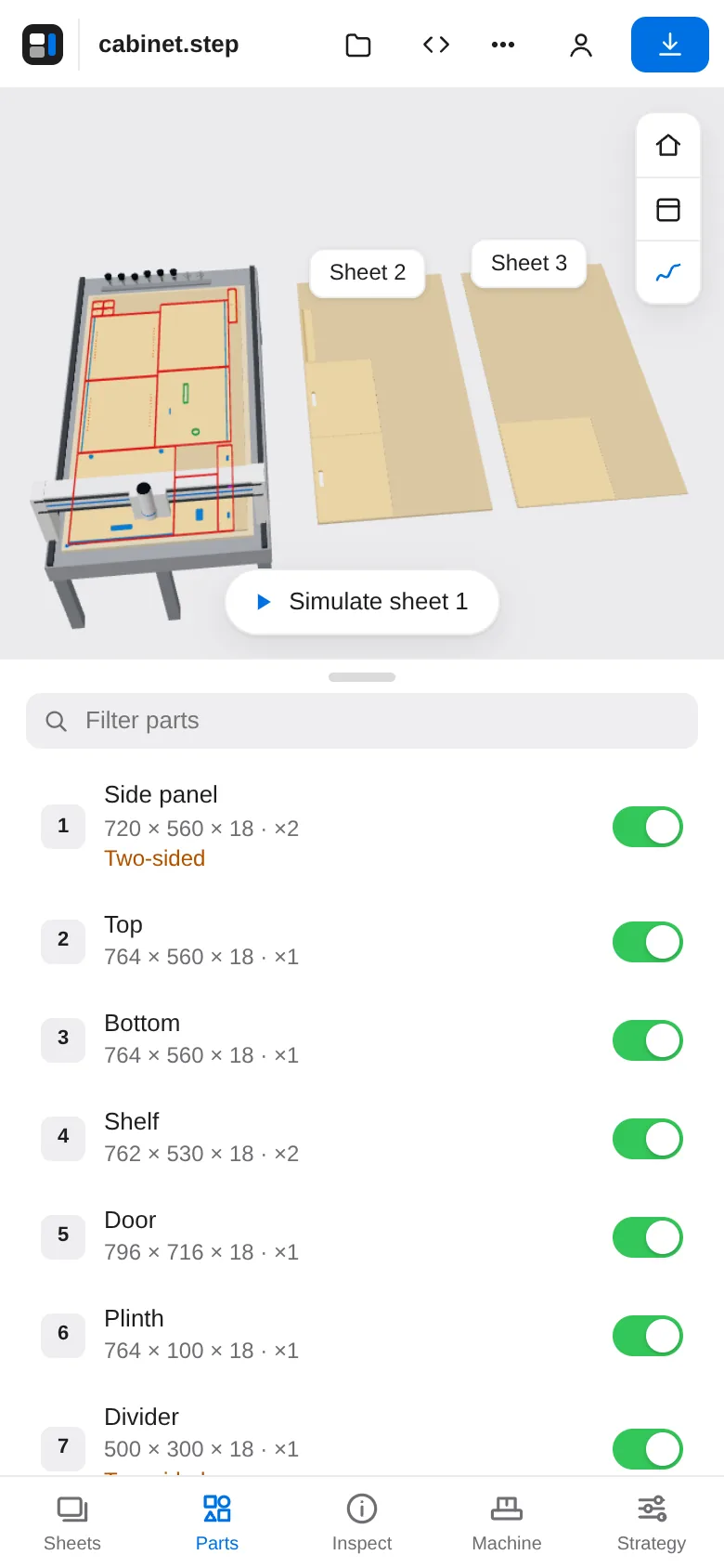 StepNest on a phone showing the parts list of a cabinet